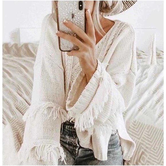 03 Cozy Fringe Sleeve Knit Oversized Sweater Top - Picture 3 of 6
